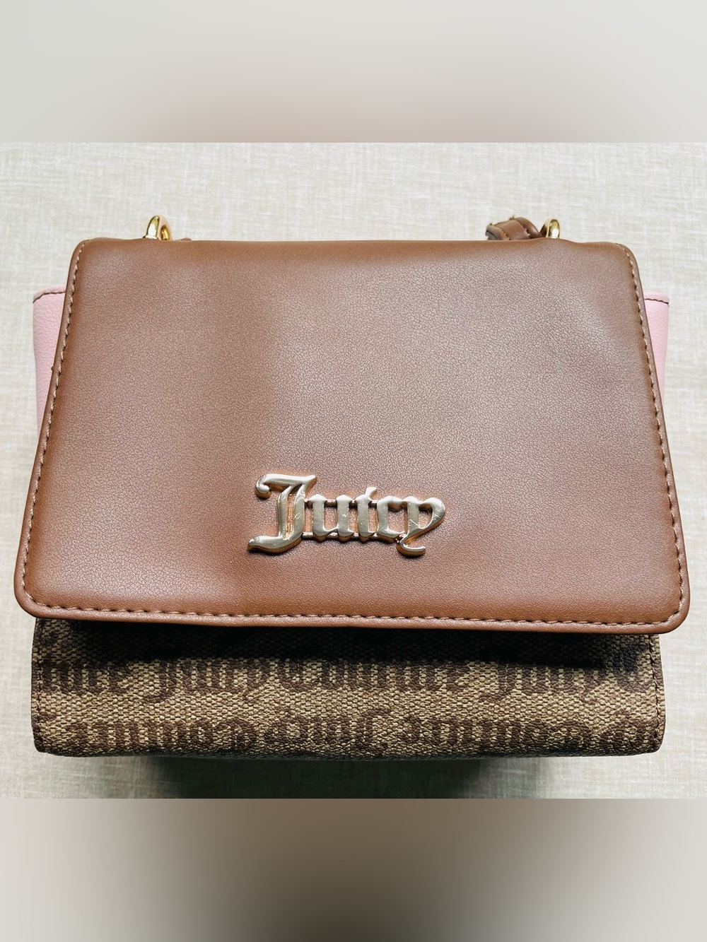 Juicy Couture Mini Crossbody Bag | Brown Monogram & Blush Pink | Gold Hardware